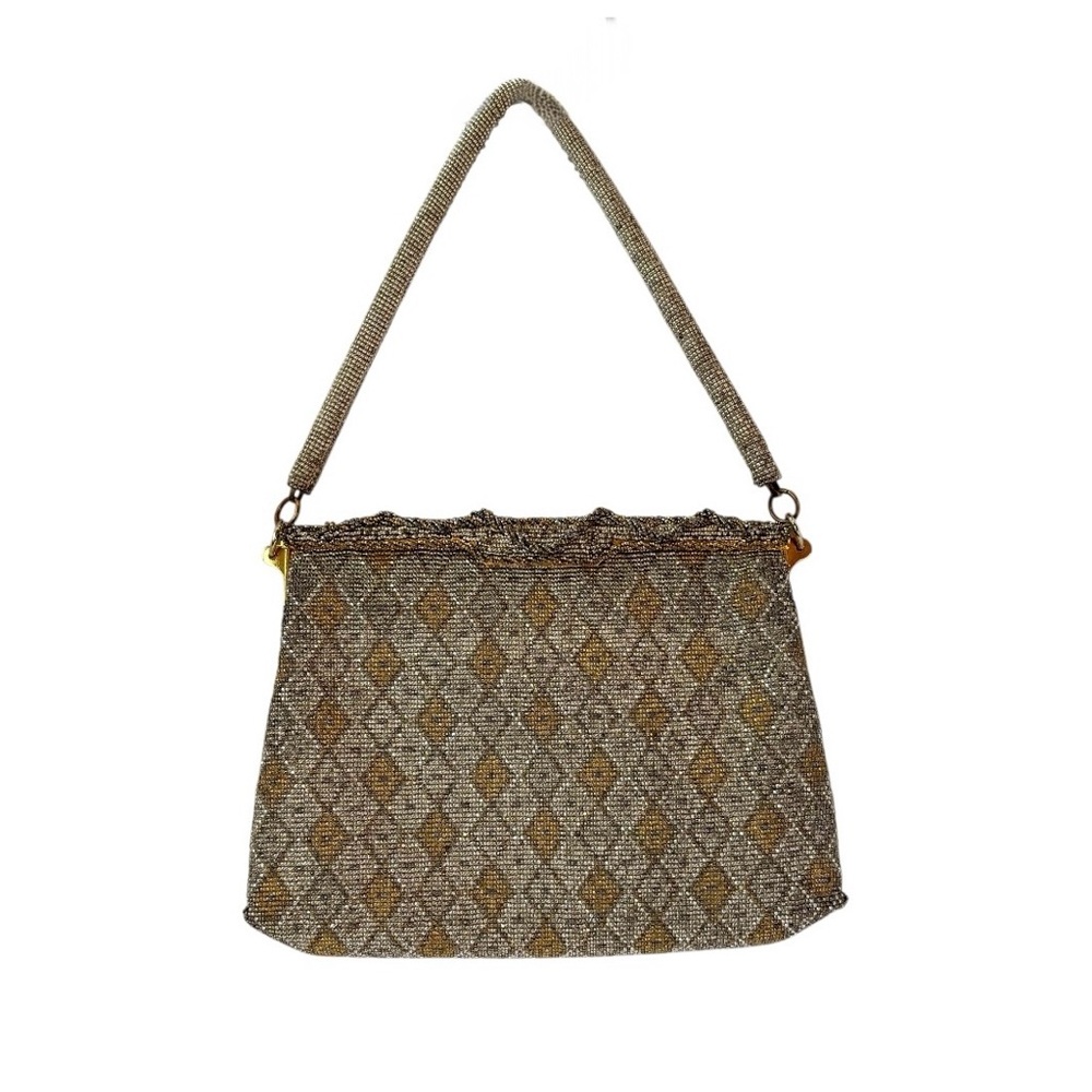 Freddy Paris 1950s Vintage Beaded Bag Art Deco Brass Handbag Silk Satin Purse
